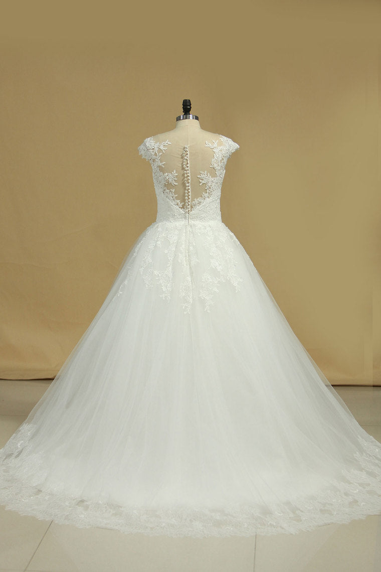 2024 Scoop Wedding Dresses Tulle With Applique Court Train A Line