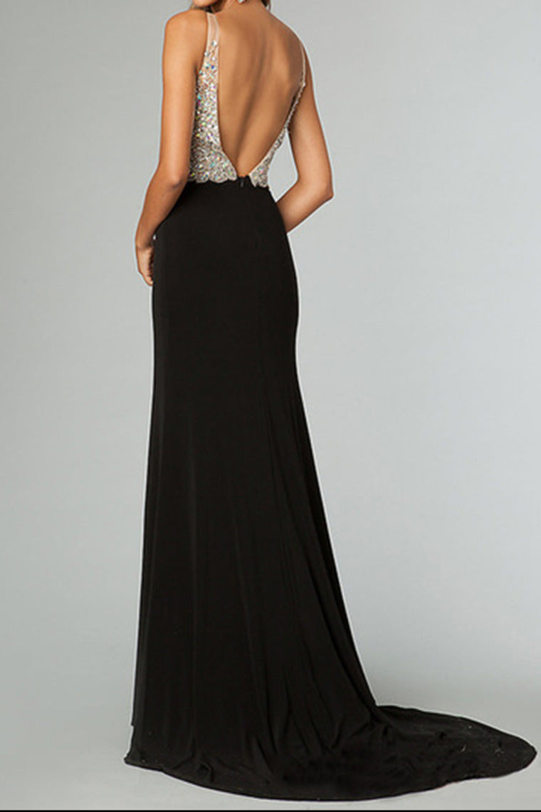 2024 Full Beaded Tulle Bodice Backless Sexy Prom Dress Court Train Black