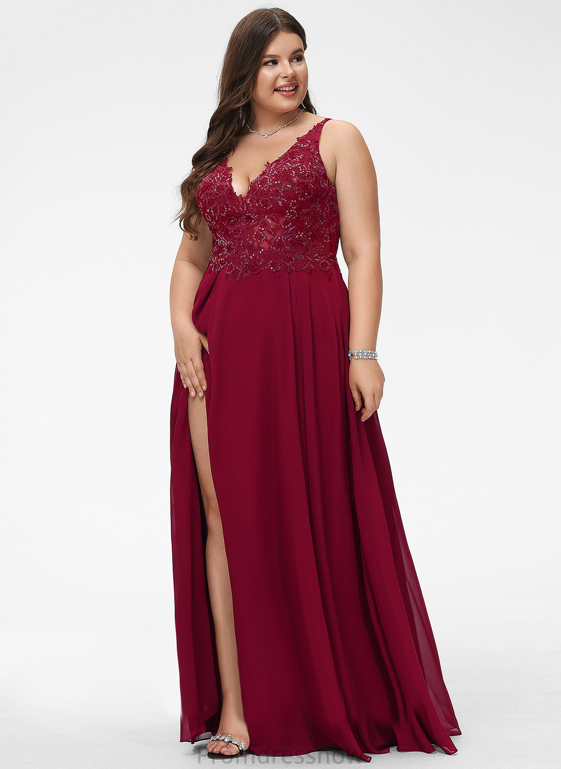 With Sequins V-neck Floor-Length Chiffon Mariam Prom Dresses A-Line