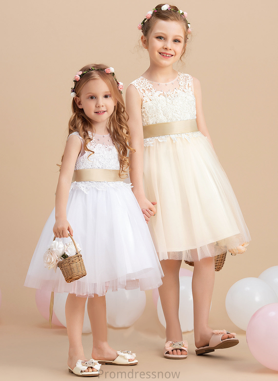 A-Line With Dress Knee-length Anastasia Sleeveless Sash/Beading/Back Flower Neck sash) (Detachable Scoop - Girl Flower Girl Dresses Tulle/Lace Hole