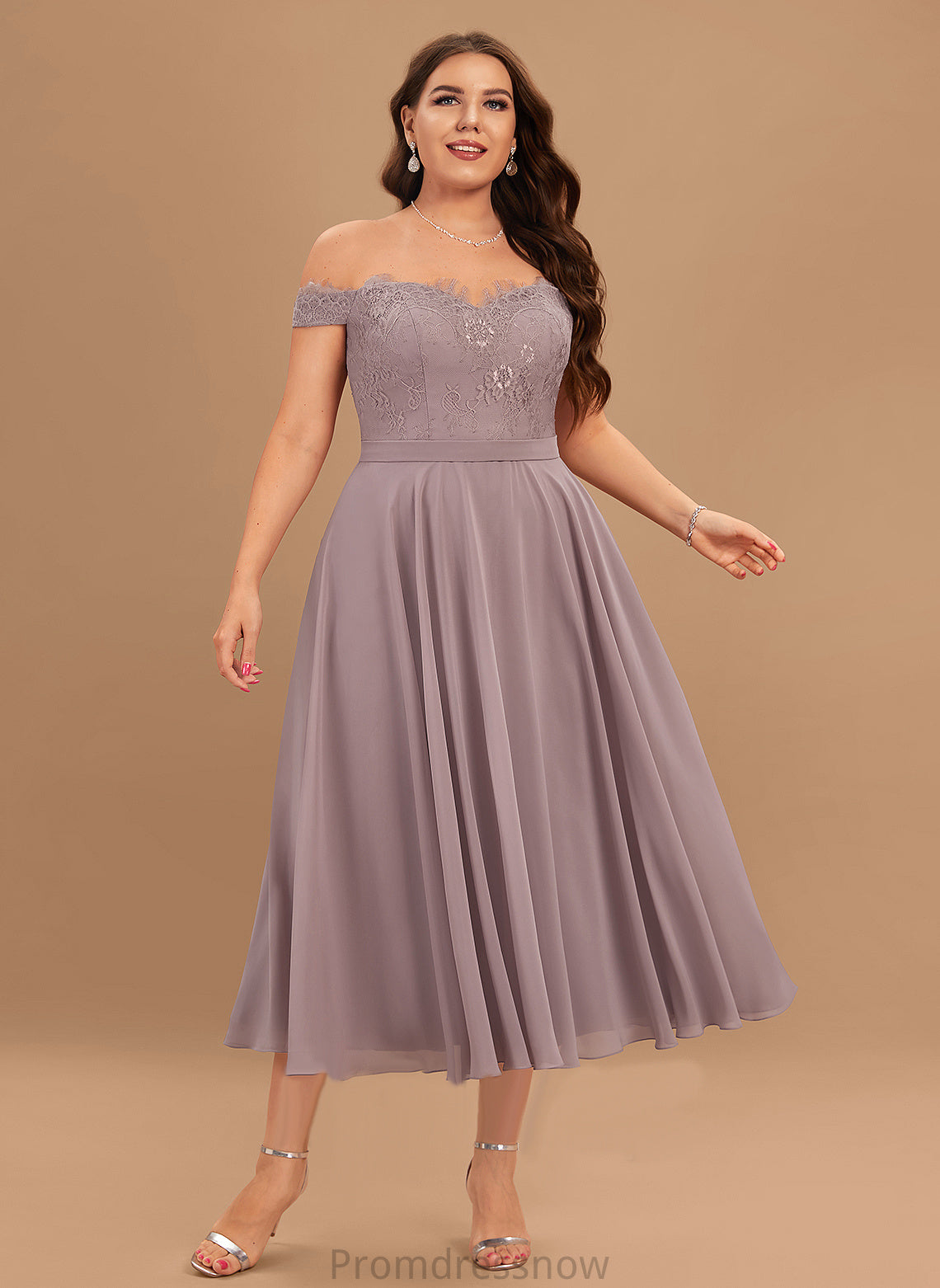 With A-Line Lace Tea-Length Beading Jemima Off-the-Shoulder Cocktail Dresses Cocktail Dress Chiffon