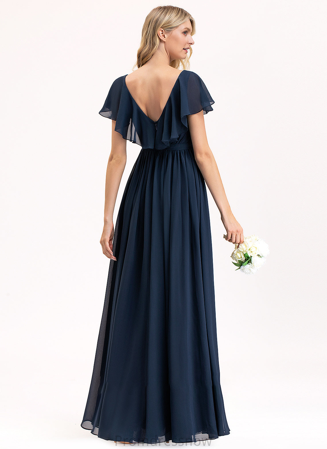 Floor-Length CascadingRuffles Embellishment SplitFront A-Line Silhouette Length Neckline Bow(s) V-neck Fabric Amirah Bridesmaid Dresses