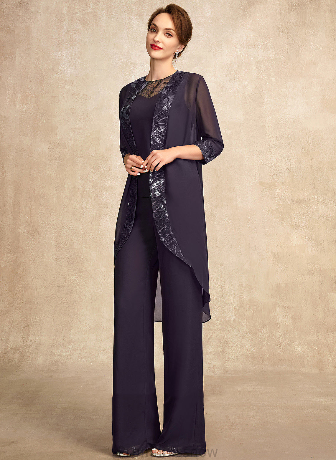 With Scoop Floor-Length Chanel Jumpsuit/Pantsuit of Mother of the Bride Dresses Mother Bride Sequins Neck Dress the Chiffon Lace