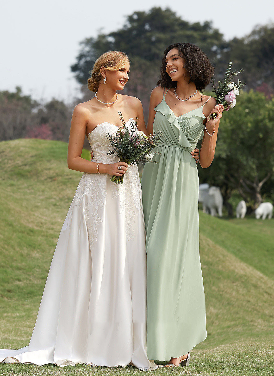 A-Line Fabric V-neck Silhouette Ruffle Length Floor-Length Embellishment Neckline Jazmin Floor Length Sheath/Column Bridesmaid Dresses