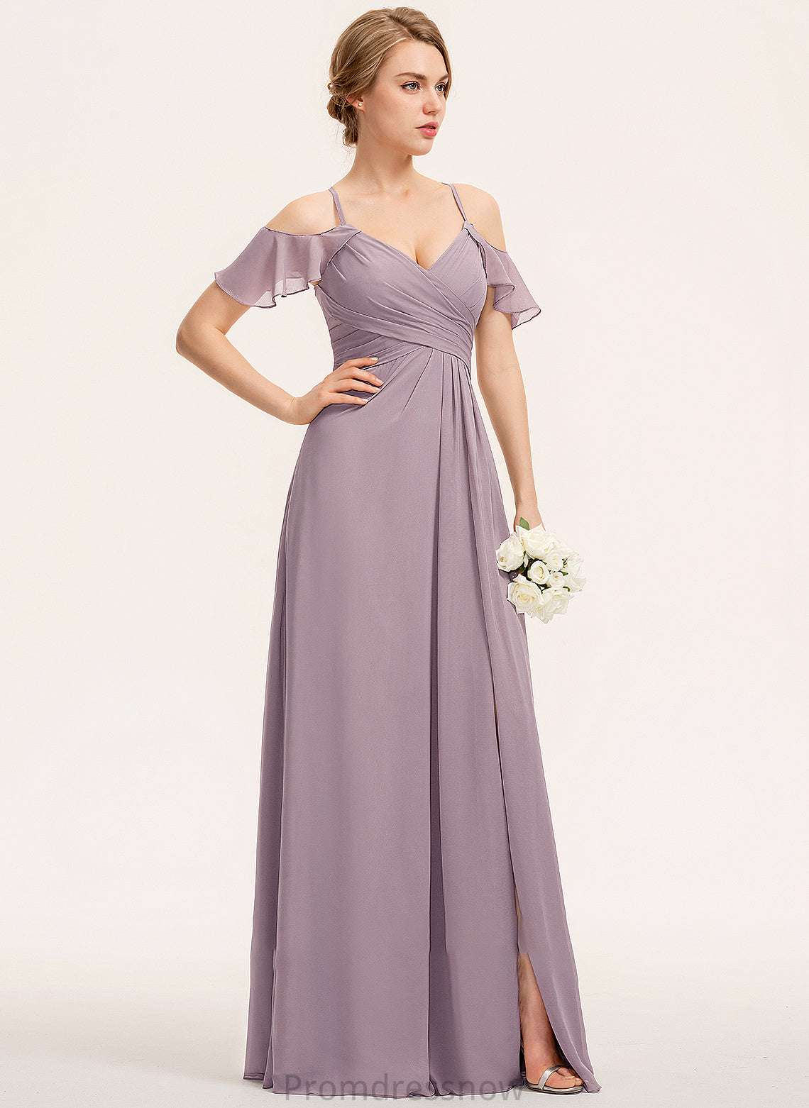 A-Line V-neck Embellishment Ruffle CascadingRuffles Fabric Floor-Length Silhouette SplitFront Length Neckline Adyson Bridesmaid Dresses