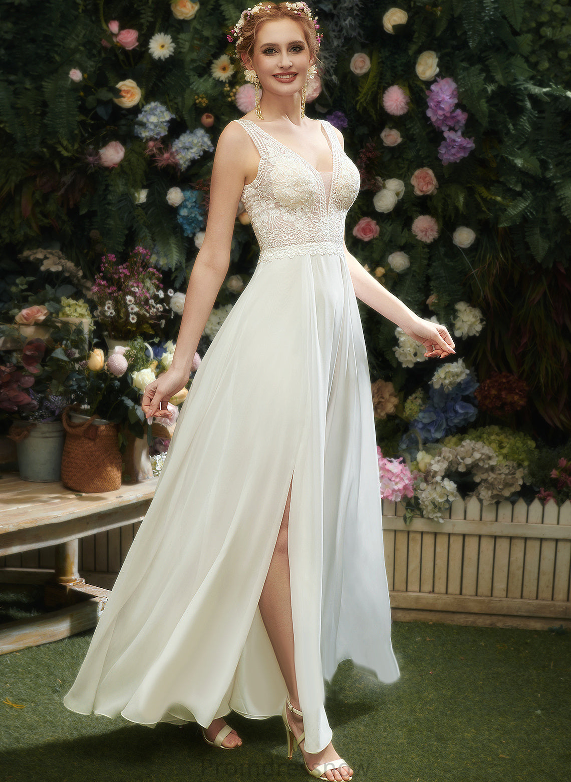 With Sequins Dress Lace Split Jennifer V-neck Wedding Front Wedding Dresses Floor-Length A-Line Chiffon