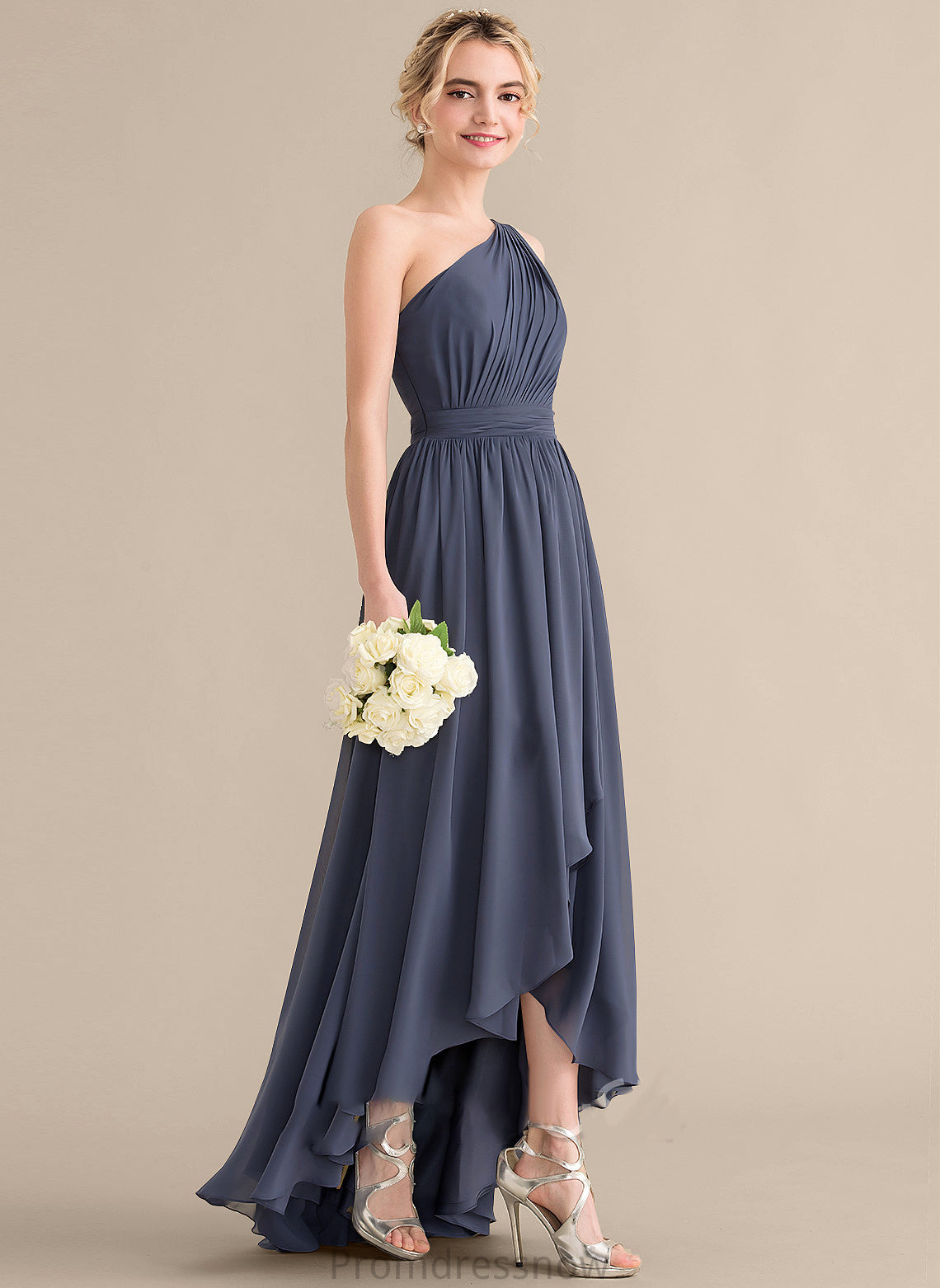 Silhouette Embellishment Neckline Asymmetrical Fabric A-Line One-Shoulder CascadingRuffles Length Yareli Spaghetti Staps Natural Waist Bridesmaid Dresses