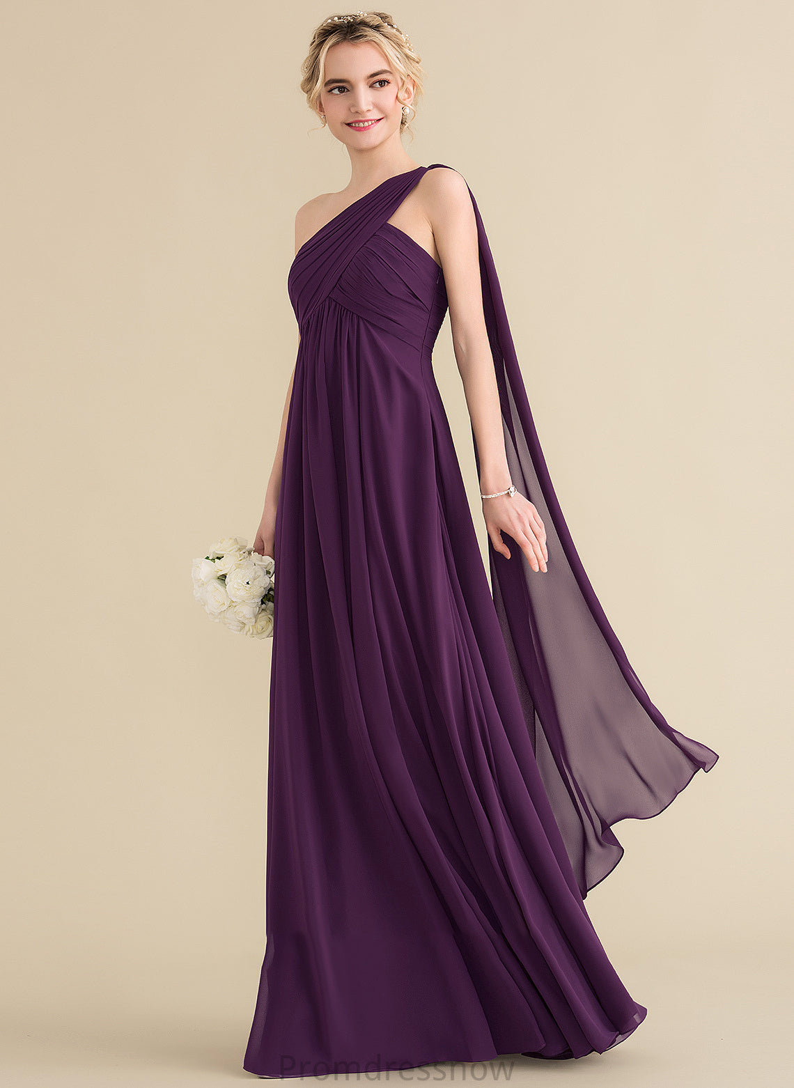 Silhouette Floor-Length Fabric One-Shoulder Length A-Line Neckline Ruffle Embellishment Alena Sleeveless Spaghetti Staps Bridesmaid Dresses