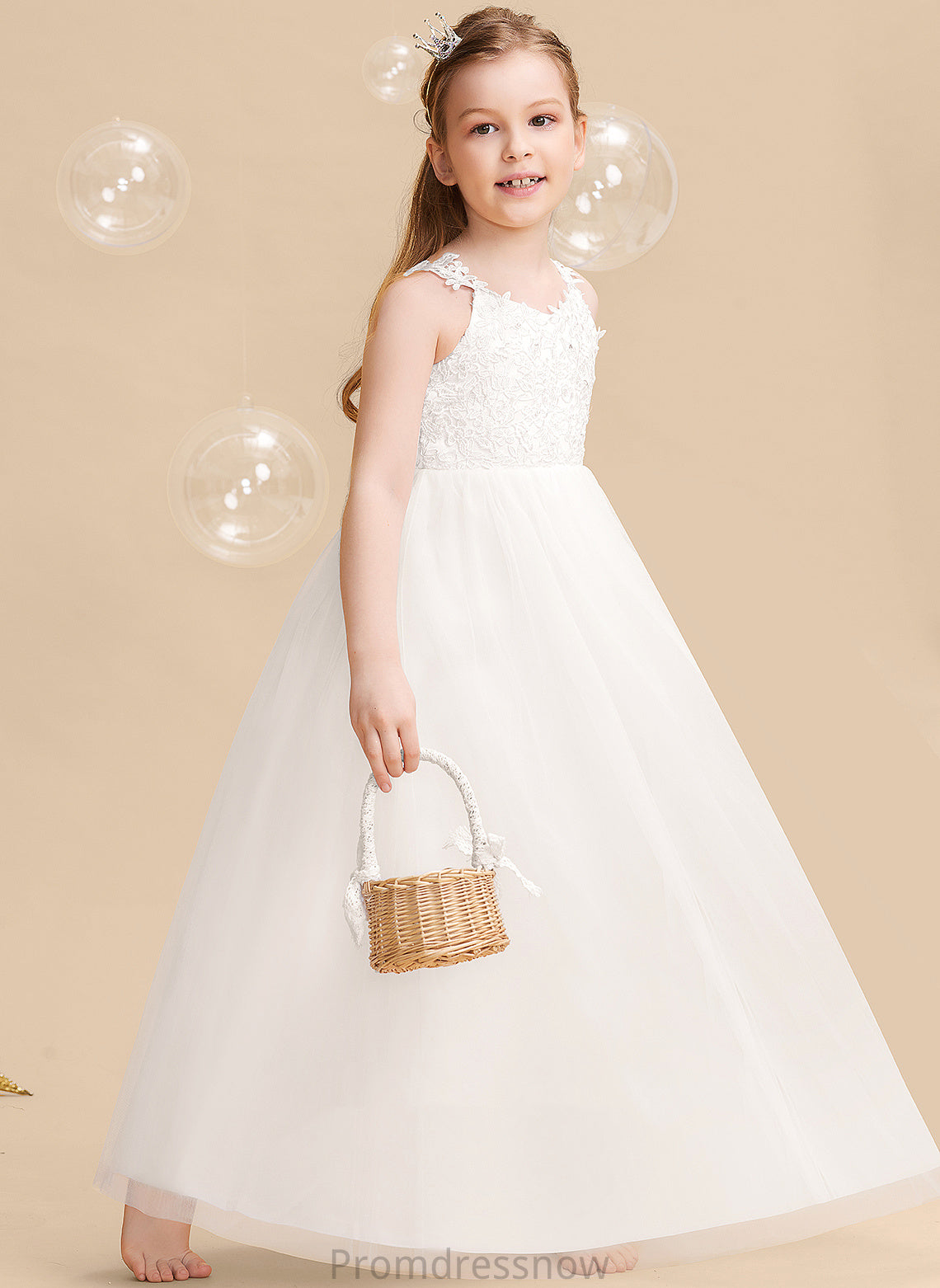 Sleeveless Flower Dress Tulle/Lace Ball-Gown/Princess Flower Girl Dresses Floor-length With V-neck - Beading/Bow(s) Isis Girl