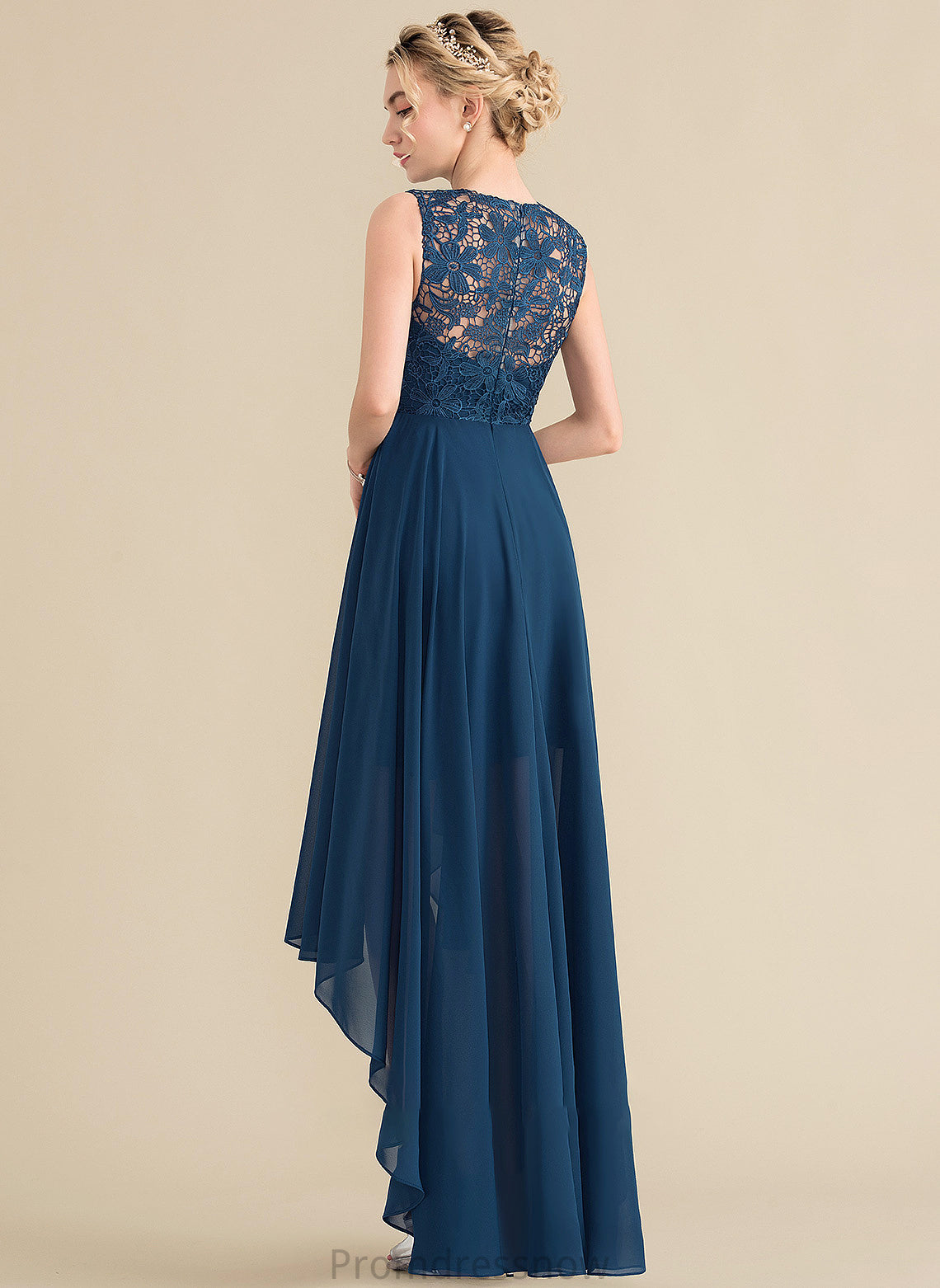 Neckline Asymmetrical Straps A-Line Silhouette Lace ScoopNeck Fabric Length Elsie Natural Waist V-Neck Bridesmaid Dresses