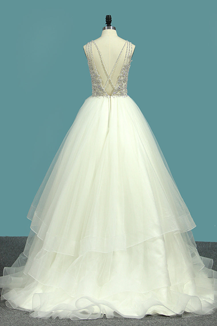 2024 New Arrival Scoop Beaded Bodice A Line Tulle Wedding Dresses