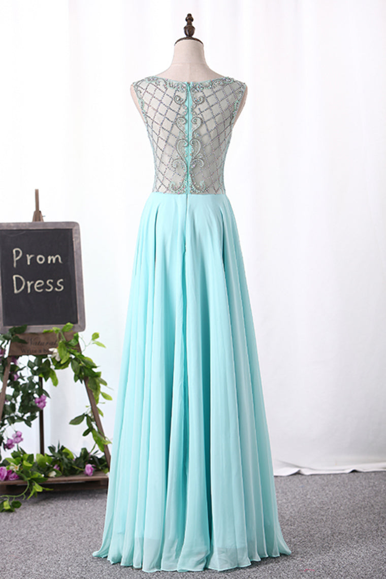 2024 A Line Boat Neck Chiffon Prom Dresses With Beading Floor Length