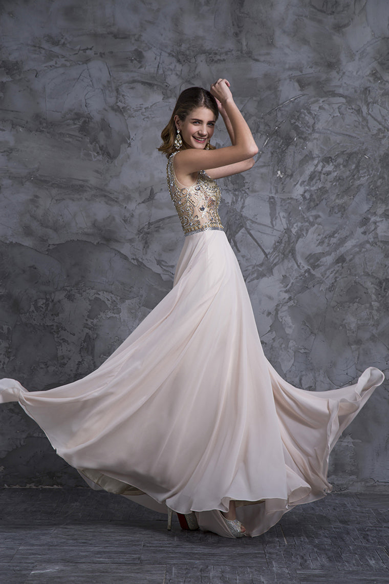 2024 Prom Dresses A-Line Scoop Beaded Bodice Floor-Length Chiffon Zipper Back