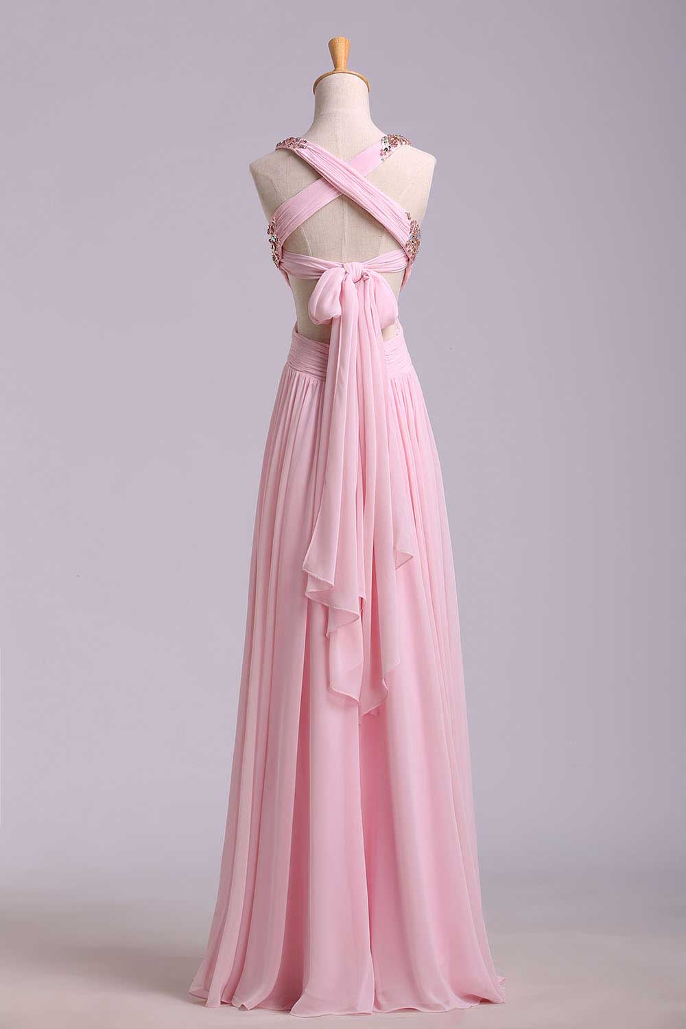 2024 Prom Dresses A-Line Cross Back Floor-Length Chiffon Pink Ready To Ship