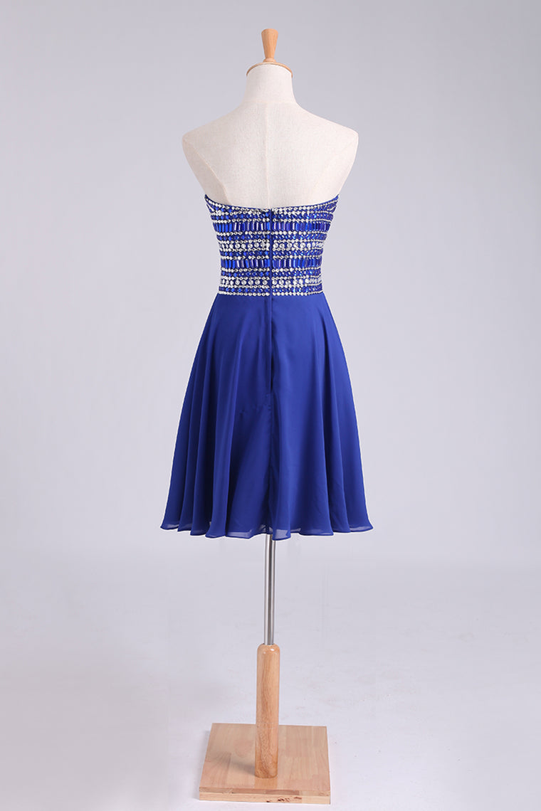 2024 A Line Short/Mini Strapless Dark Royal Blue Chiffon Homecoming Dresses With Rhinestone