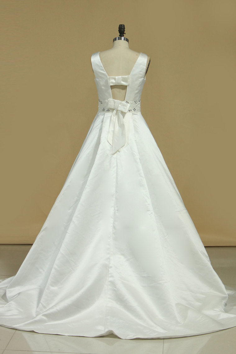 2024 A Line Scoop Beaded Waistline Wedding Dresses Satin With Bow Knot Court Train