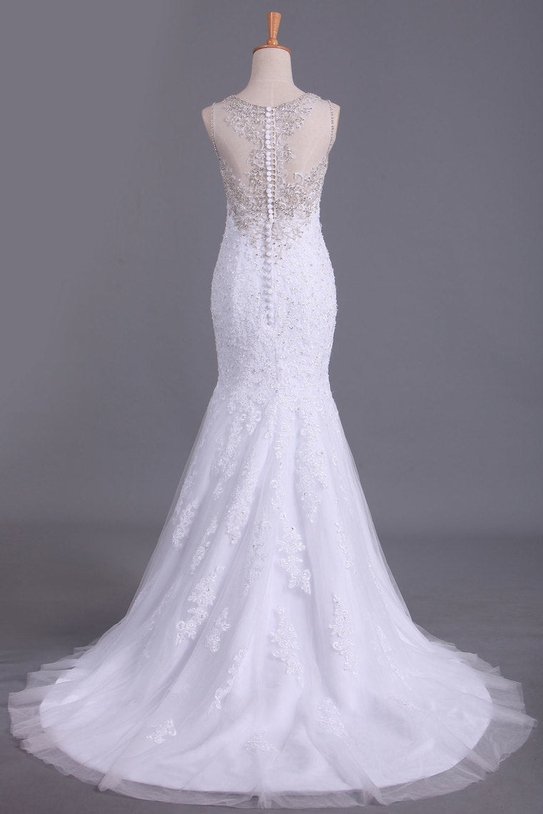 2024 Scoop Wedding Dresses Mermaid/Trumpet Sweep Train Tulle With Applique And Beads