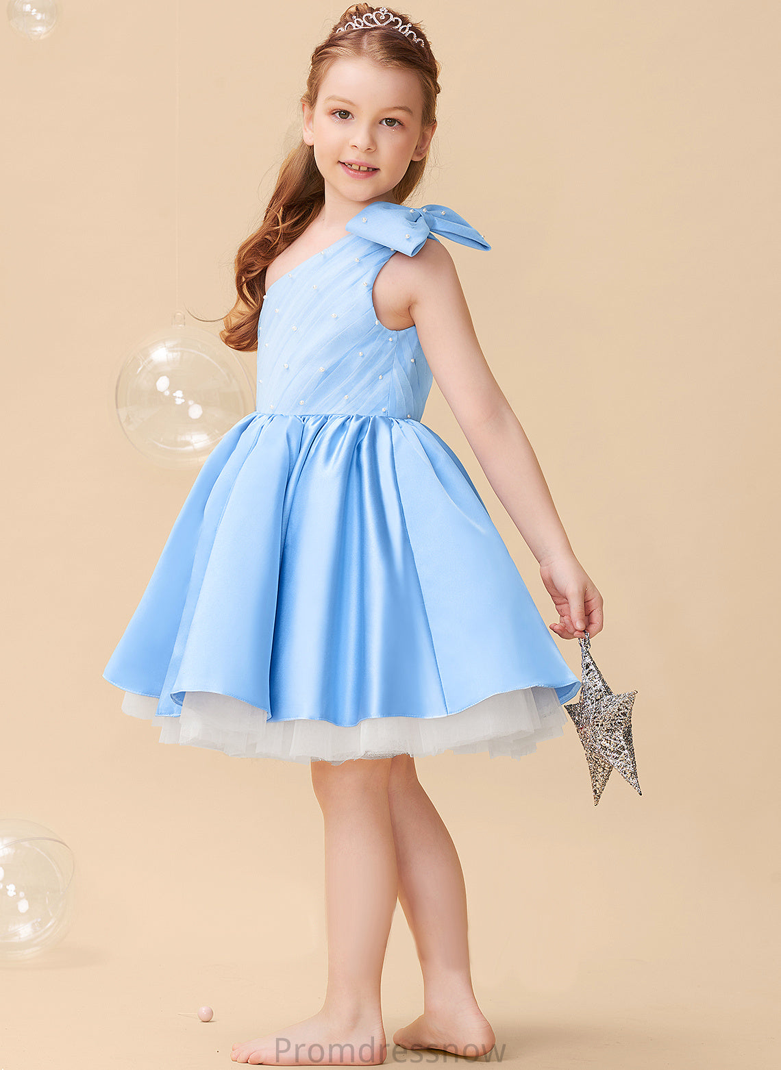 Knee-length Flower Girl Dresses Dress One-Shoulder Beading/Bow(s) - Sleeveless With Flower A-Line Satin/Tulle Girl Viviana