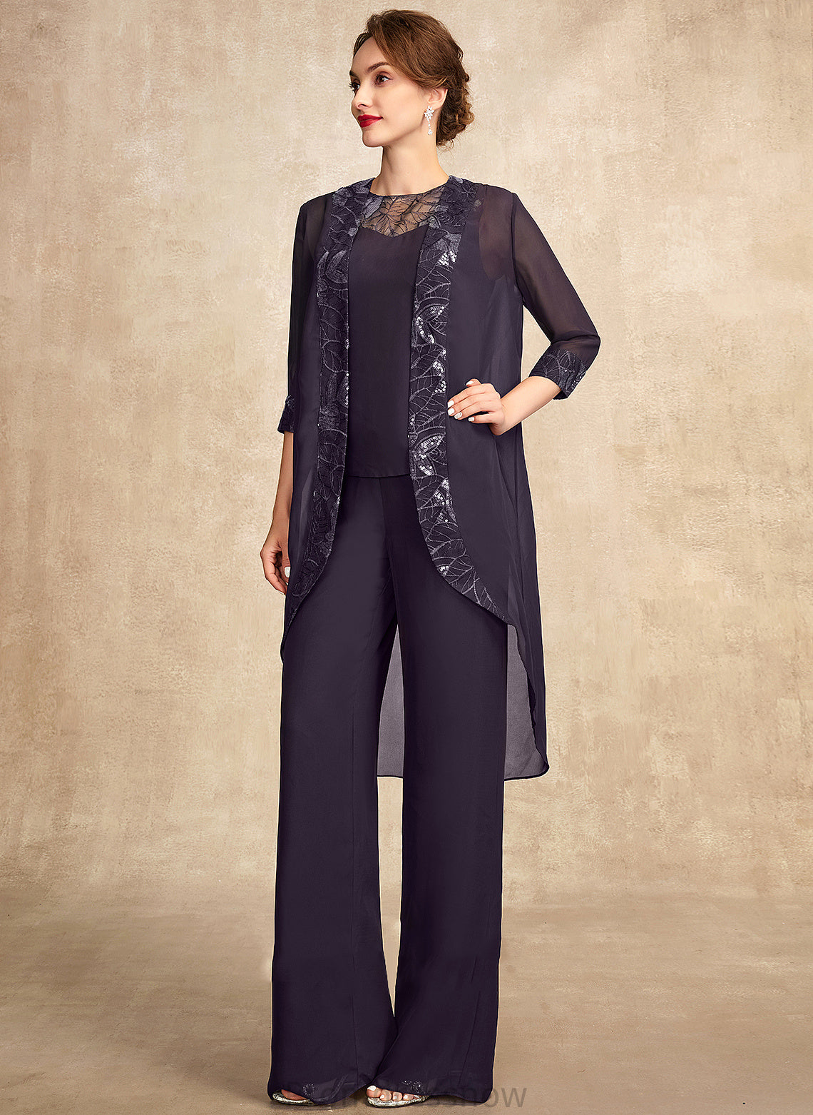 With Scoop Floor-Length Chanel Jumpsuit/Pantsuit of Mother of the Bride Dresses Mother Bride Sequins Neck Dress the Chiffon Lace