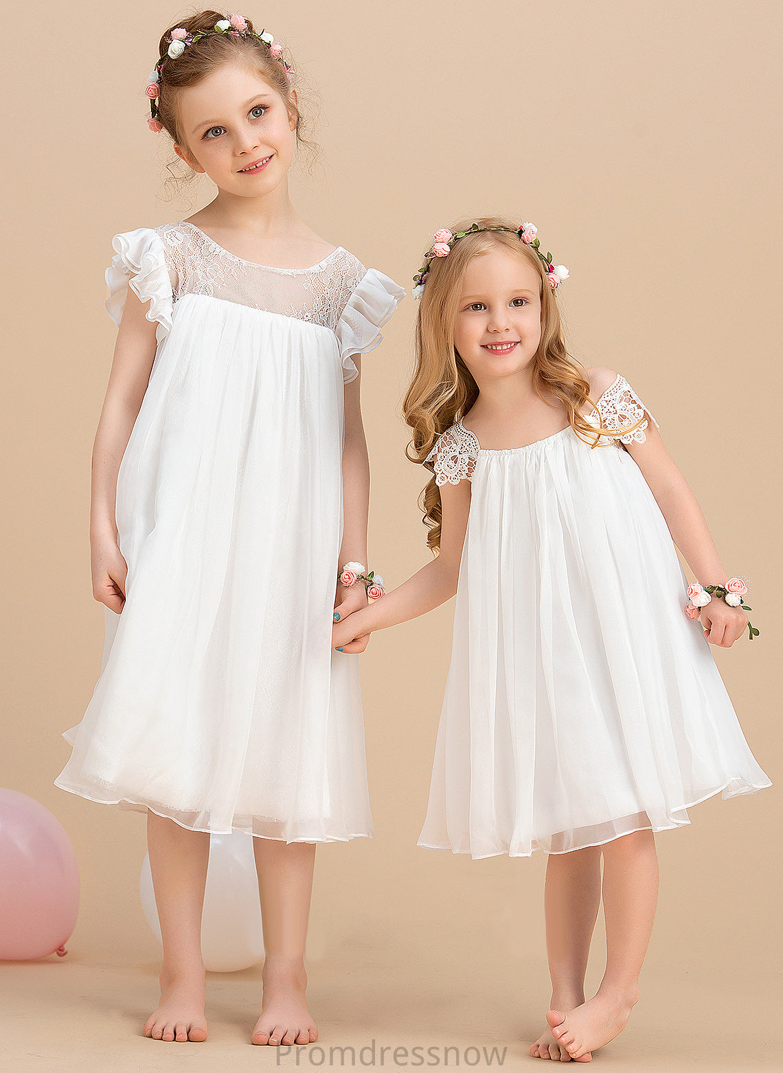 Chiffon Neck Sleeves Flower Girl Dresses With Salome Girl Lace Short Knee-length Dress - Scoop A-Line Flower