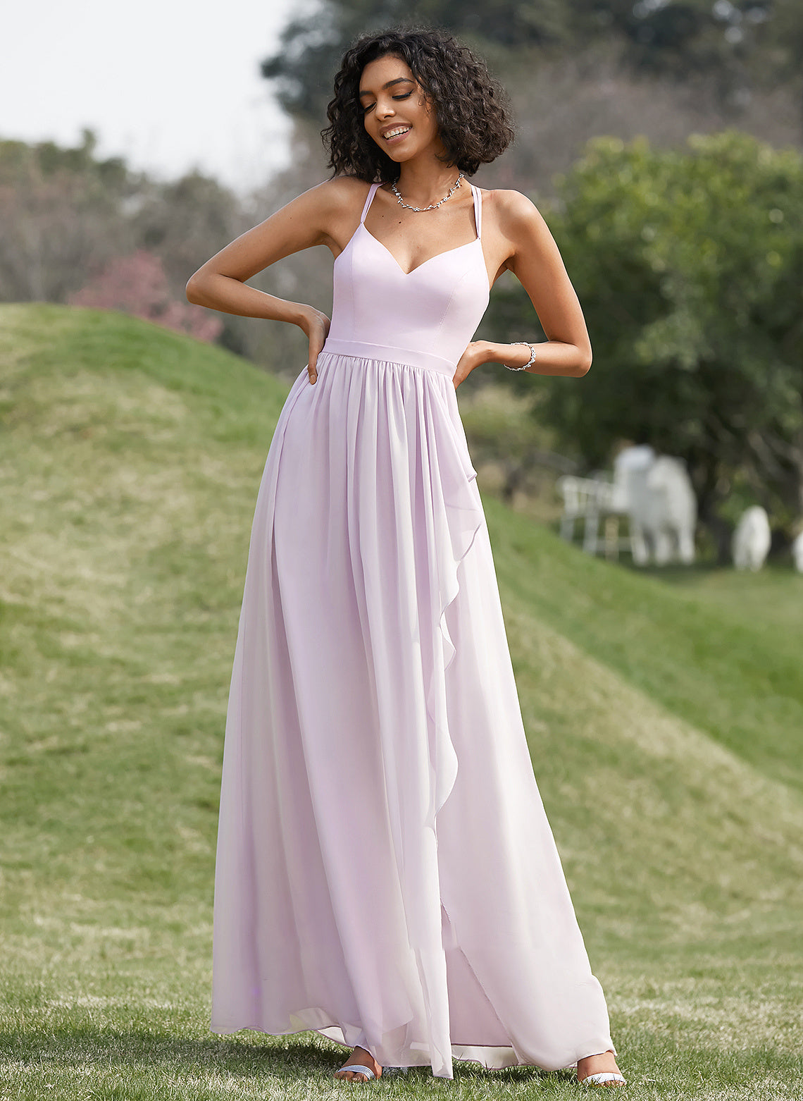 Fabric A-Line V-neck Length Ruffle Asymmetrical Embellishment SplitFront Neckline Silhouette Zoey Floor Length Bridesmaid Dresses