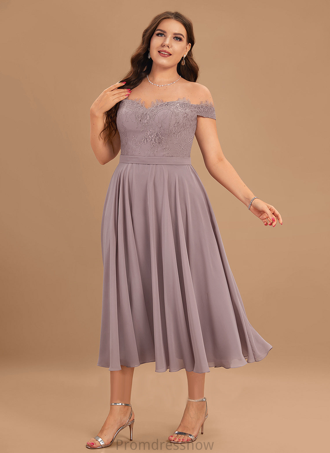 With A-Line Lace Tea-Length Beading Jemima Off-the-Shoulder Cocktail Dresses Cocktail Dress Chiffon