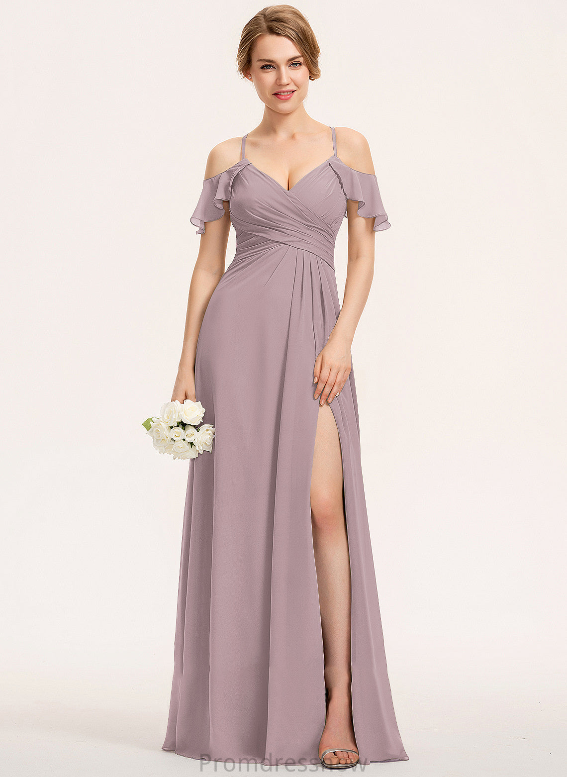 A-Line V-neck Embellishment Ruffle CascadingRuffles Fabric Floor-Length Silhouette SplitFront Length Neckline Adyson Bridesmaid Dresses