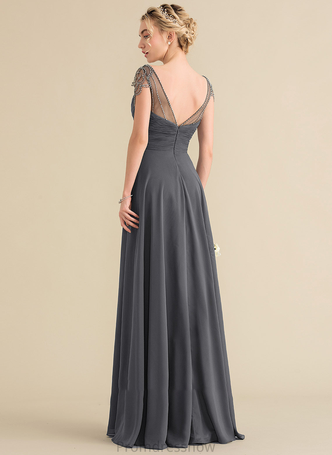 Floor-Length V-neck Beading Fabric Silhouette Sequins Embellishment Neckline A-Line Length Ruffle Lyric Bridesmaid Dresses