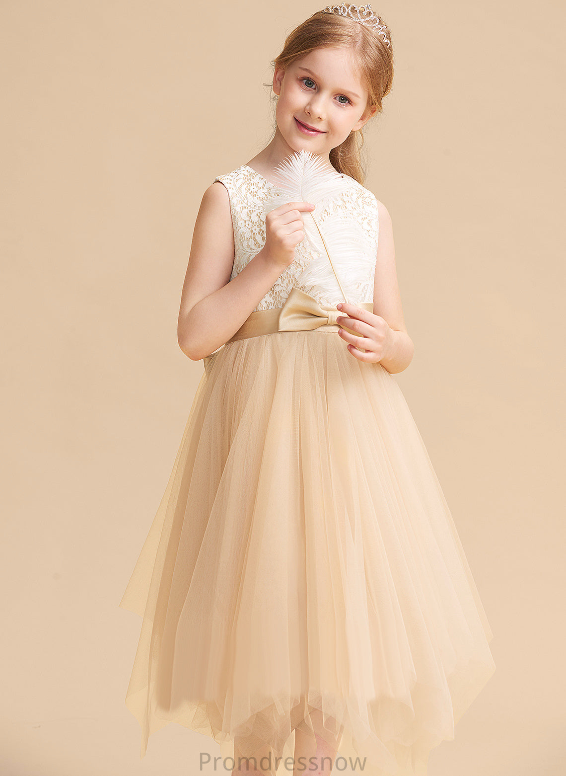 Dress Lace/Bow(s) With Flower Flower Girl Dresses - Neck Scalloped Tulle Sleeveless Girl Mckenna Tea-length A-Line