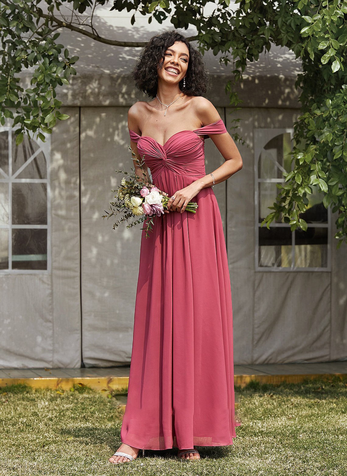 Ruffle Neckline Floor-Length Length Silhouette Embellishment Fabric A-Line Off-the-Shoulder Pauline V-Neck Natural Waist Bridesmaid Dresses