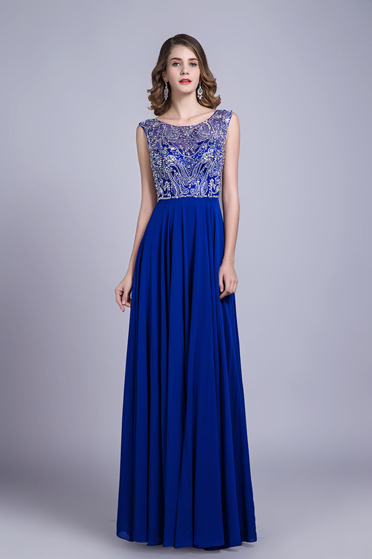 2024 Prom Dresses A-Line Scoop Floor-Length Dark Royal Blue Chiffon Beaded Bodice