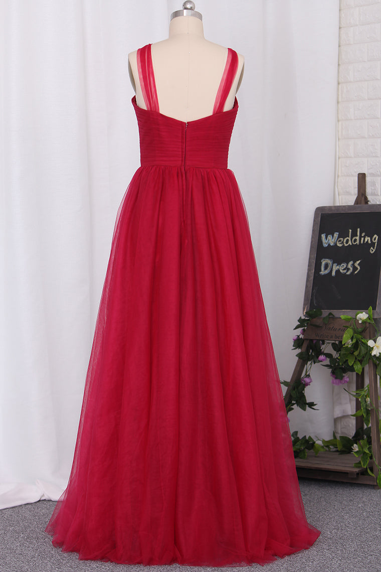 2024 Straps Tulle Pleated Bodice Bridesmaid Dresses A-Line