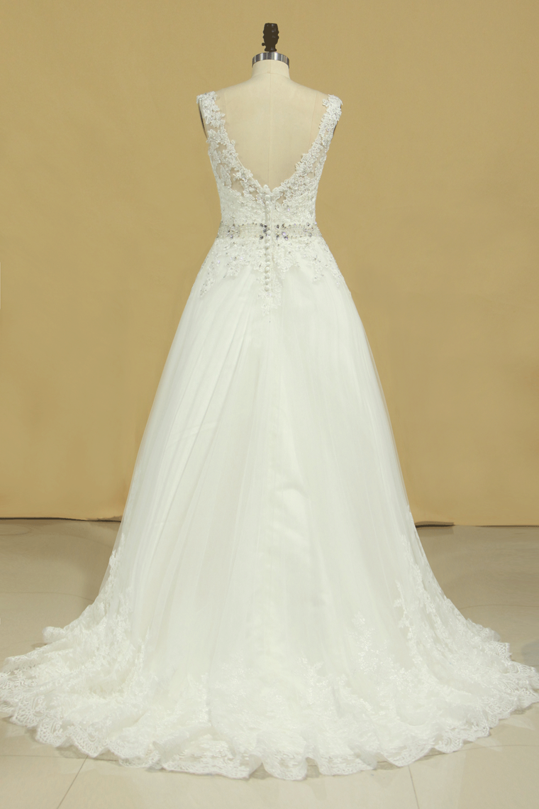 2024 Bridal Dresses A Line V-Back Tulle Chapel Train V-Back Applique & Sash