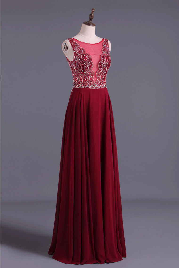 2024 Burgundy/Maroon Scoop A Line Prom Dresses Chiffon A Line With Beading