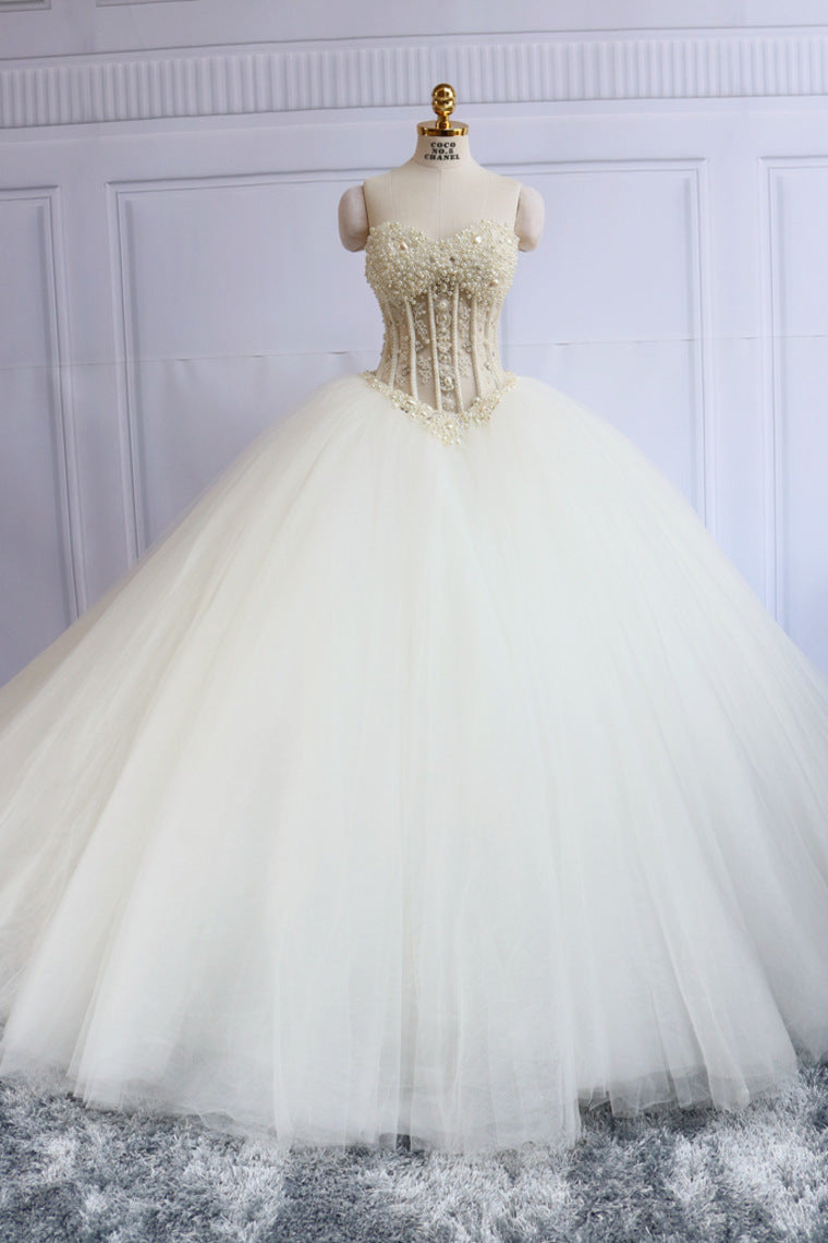 2024 Sweetheart Bridal Dresses With Pearls Ball Gown Tulle White Corset Back Court Train