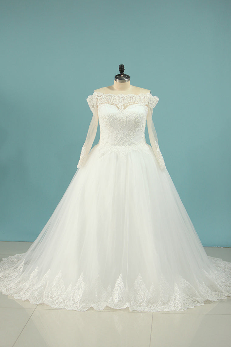 2024 Long Sleeves Boat Neck A Line Tulle With Applique Wedding Dresses