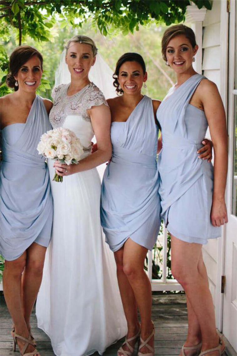 Elegant One Shoulder Short Sky Blue Cute Bridesmaid Dresses