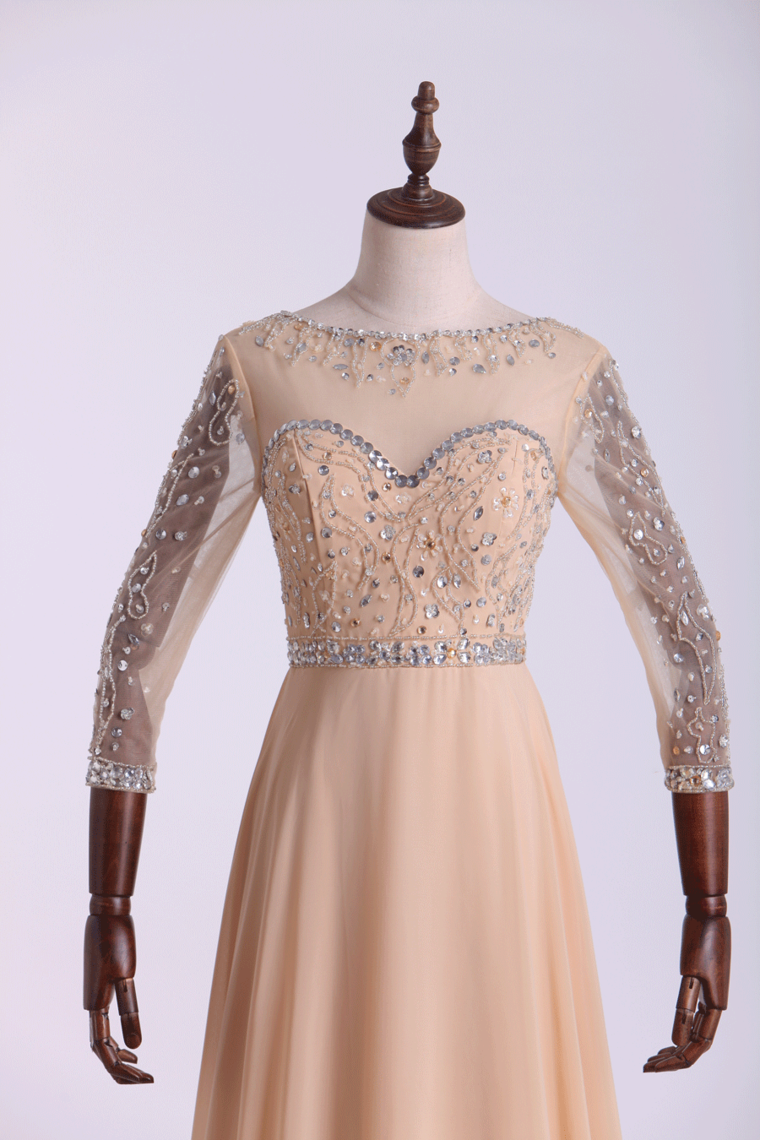 2024 Prom Dresses Bateau 3/4 Length Sleeve A Line Chiffon With Beads