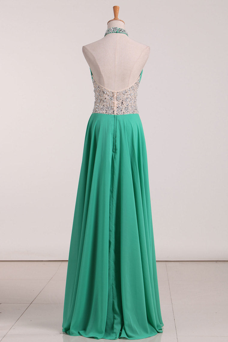 2024 A Line Halter With Beading Chiffon Sweep Train Prom Dresses