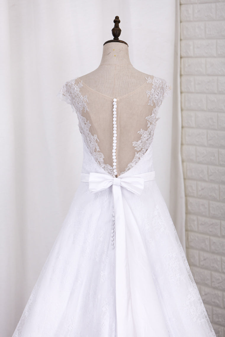 2024 V Neck A Line Wedding Dresses Lace With Sash Court Train