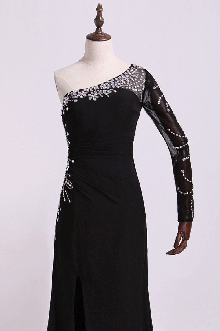 2024 One Sleeve Column/Sheath Prom Dresses Black