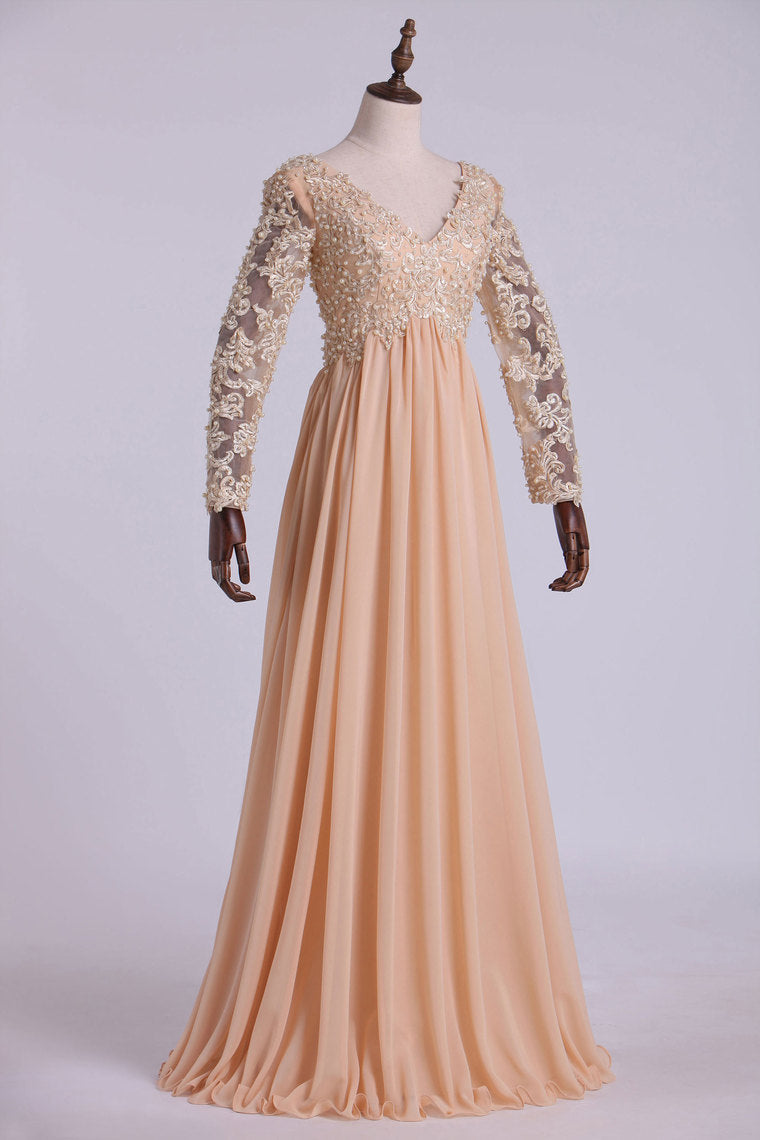 2024 Best Selling Prom Dresses Long Sleeves A Line V Neck Chiffon