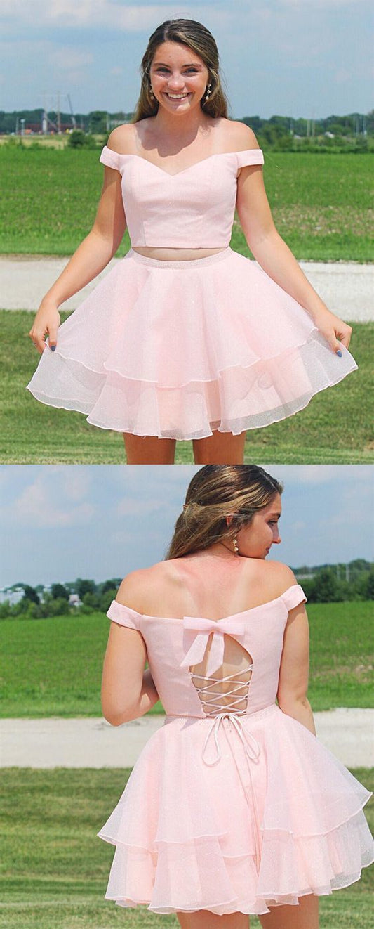 2 Pieces Short Modest Celeste Pink Homecoming Dresses Hoco Dresses