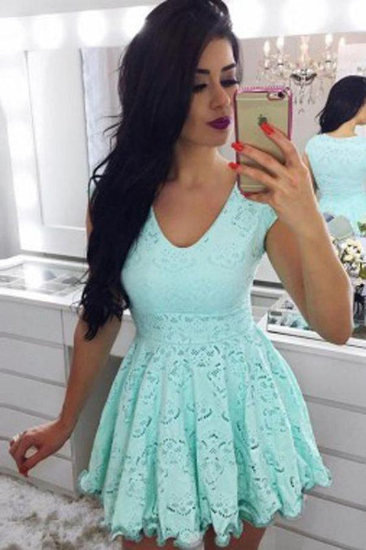 Popular Short Mint Green Capped Sleeve Short Hollow Party Dress Lace Lila Homecoming Dresses HF1092