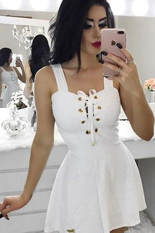 White Short Homecoming Dresses Satin Dayanara A-Line Square Party Dress HF1094