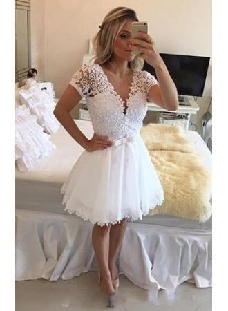 White Short Lace Naomi Homecoming Dresses Short Sleeves V Neck Beaded Top HF11578