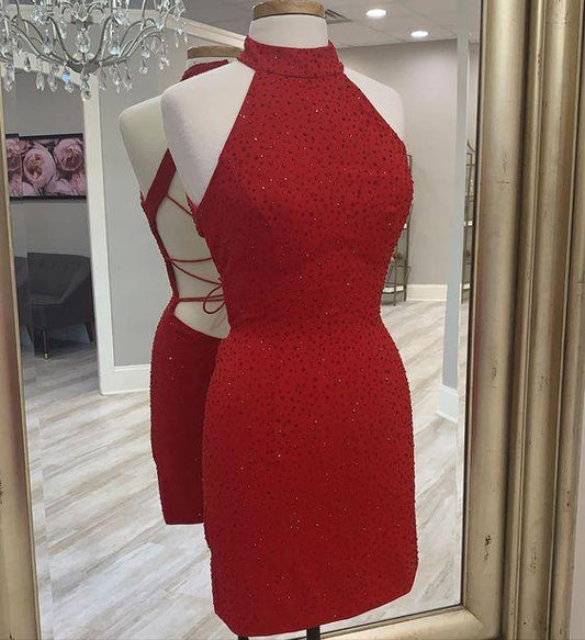 High Collar Rhinestone Red Rihanna Homecoming Dresses HF11949