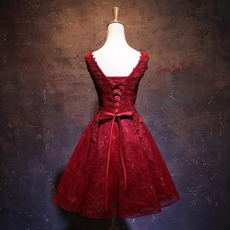 Wine Red Short Cute V-Neckline -Up Hilary Lace Homecoming Dresses Teen Party Dress HF12616