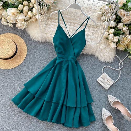 Women Dress Homecoming Dresses Adrianna Chic Spaghetti Strap Vestidos Sweet V Neck Sexy Backless Slim Waist Ruffle Beach HF12792