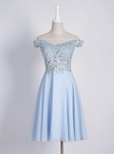 Light Blue Freshman Off Esmeralda Homecoming Dresses Shoulder Sweet 16 Dress Knee Length Short HF1287